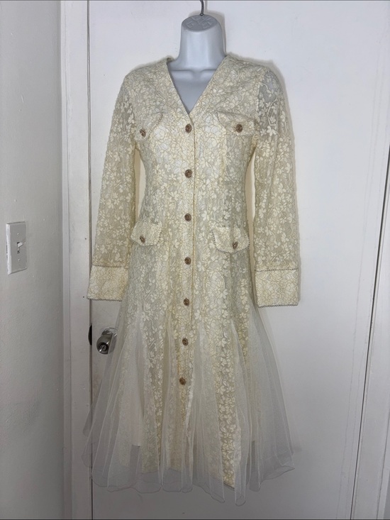Handmade Dresses & Skirts - VINTAGE RARE Long Sleeve Ivory Lace Button-Front Midi Dress